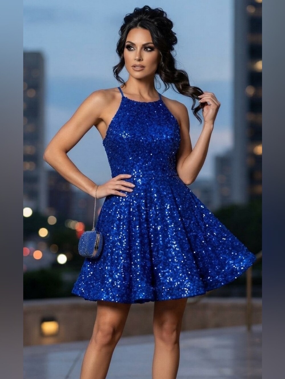 Sparkling Royal Blue Sequin Halter Party Cocktail Mini Dress Size 14 EUC